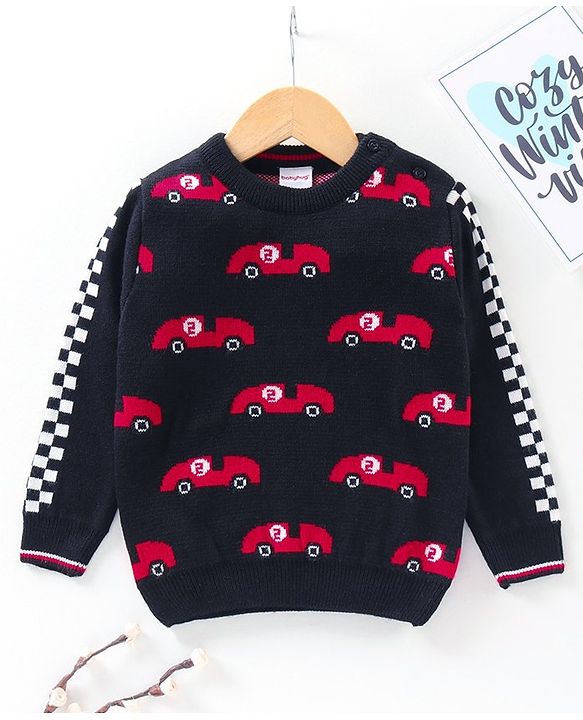 Babyhug Full Sleeves Pullover Sweater Car Print - Navy Blue