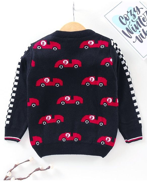 Babyhug Full Sleeves Pullover Sweater Car Print - Navy Blue