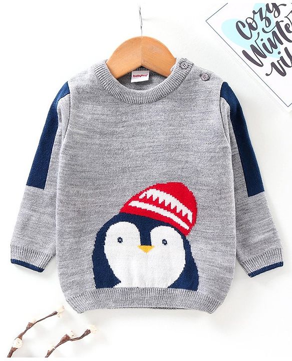 Babyhug Full Sleeves Pullover Sweater Penguin Print - Grey