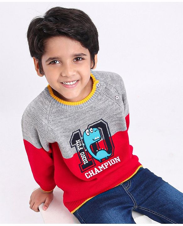 Babyhug Full Sleeves Pullover Colorblock Sweater Dino Print - Red Grey
