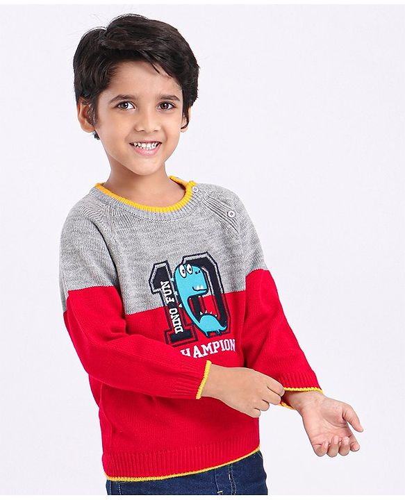 Babyhug Full Sleeves Pullover Colorblock Sweater Dino Print - Red Grey