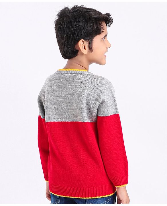Babyhug Full Sleeves Pullover Colorblock Sweater Dino Print - Red Grey
