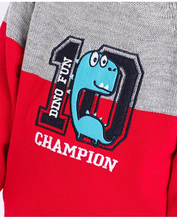 Babyhug Full Sleeves Pullover Colorblock Sweater Dino Print - Red Grey