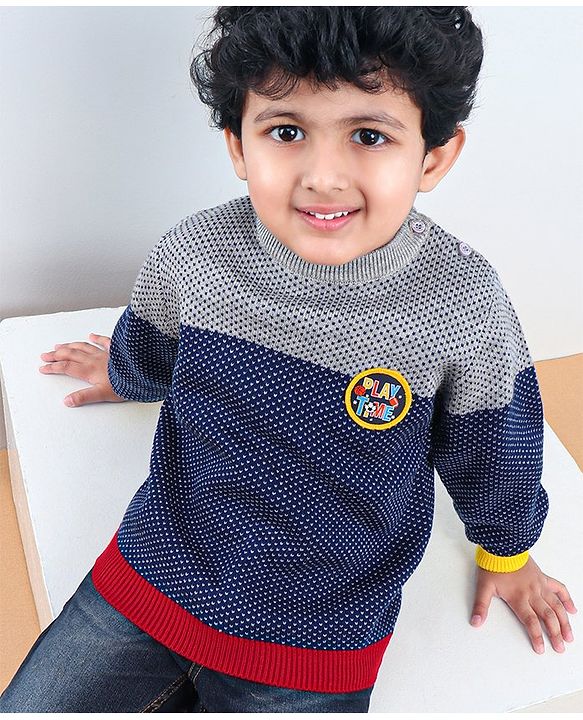 Babyhug Full Sleeves Color Block Sweater - Blue