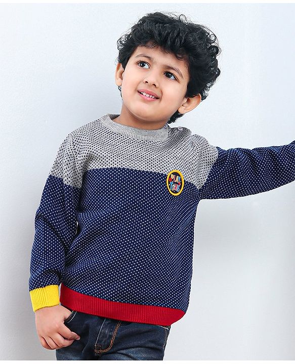 Babyhug Full Sleeves Color Block Sweater - Blue
