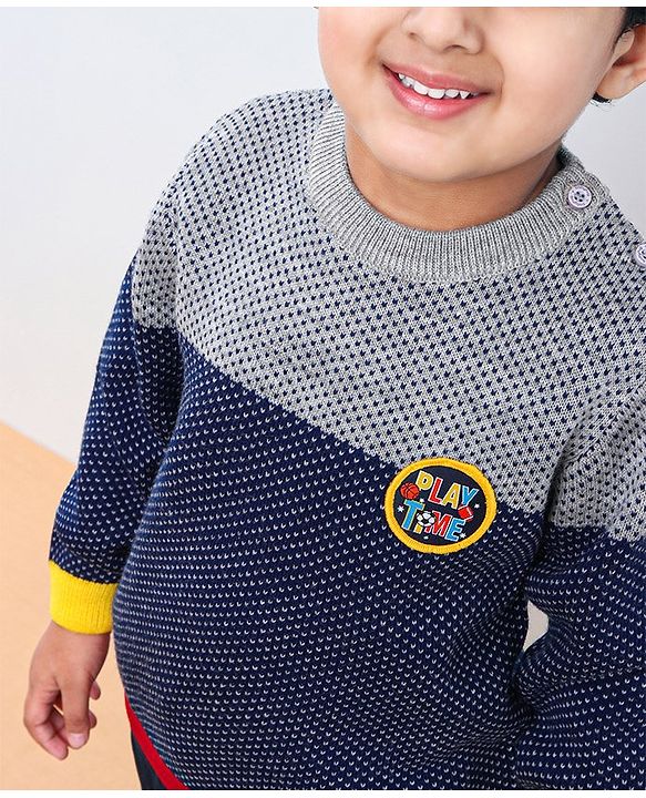 Babyhug Full Sleeves Color Block Sweater - Blue