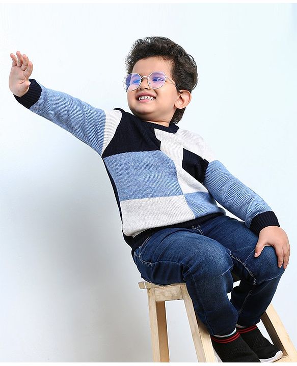 Babyhug Full Sleeves Checks Pattern Sweater - Blue