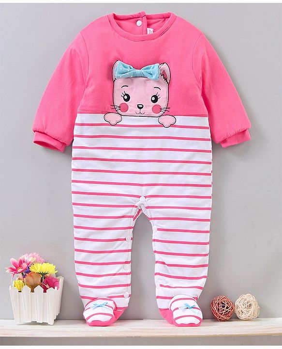 Babyhug Full Sleeves Romper With Bow Applique - Pink