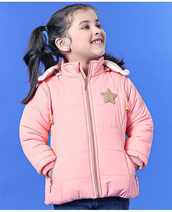 Babyhug Full Sleeves Quilted Hooded Jacket Star Patch - Pink
