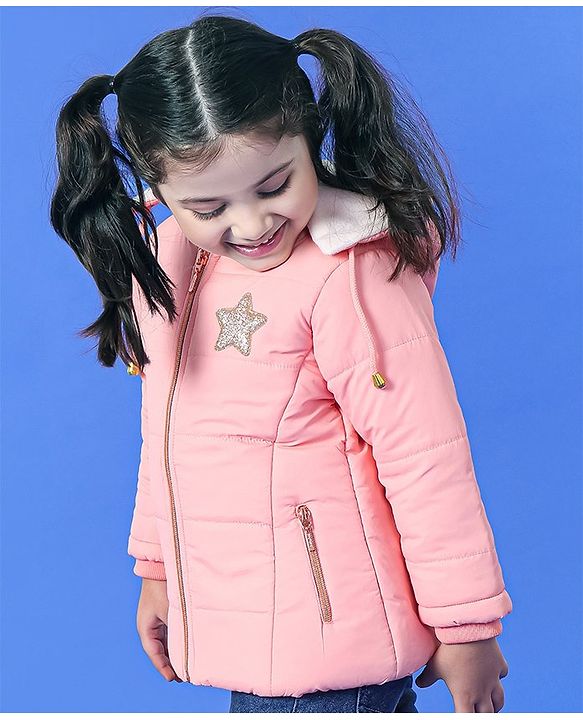 Babyhug Full Sleeves Quilted Hooded Jacket Star Patch - Pink