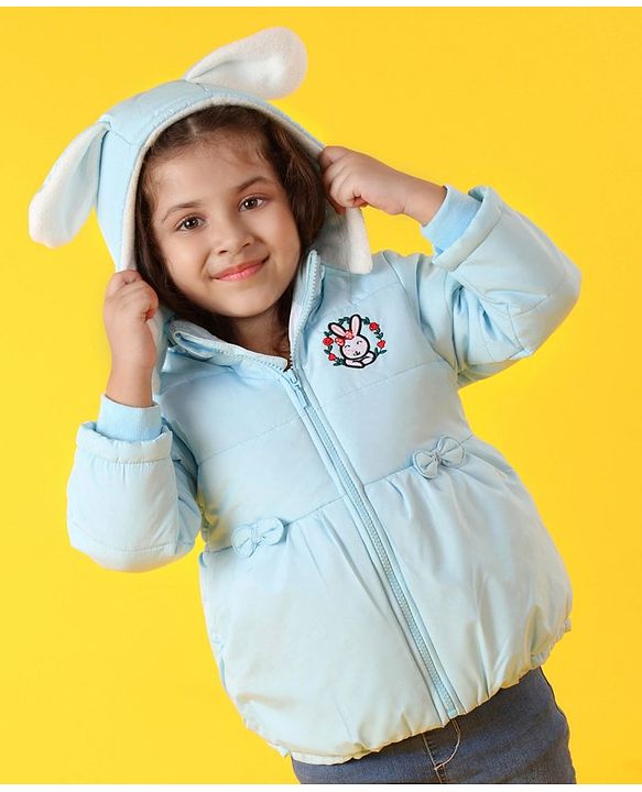 Babyhug Full Sleeves Hooded Padded Jacket Bunny Embroidery - Blue