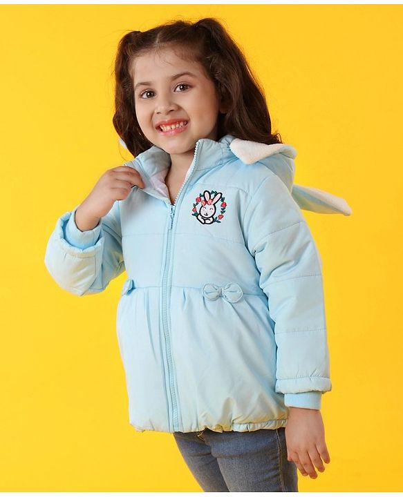 Babyhug Full Sleeves Hooded Padded Jacket Bunny Embroidery - Blue