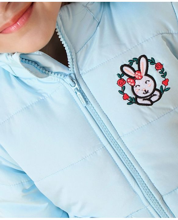 Babyhug Full Sleeves Hooded Padded Jacket Bunny Embroidery - Blue