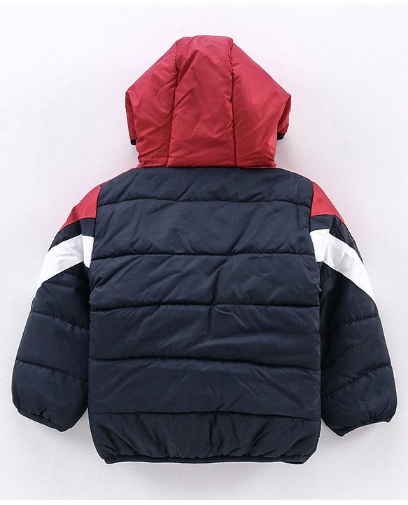 Babyhug Full Sleeves Hooded Padded Jacket Adventure Patch - Red Navy Blue
