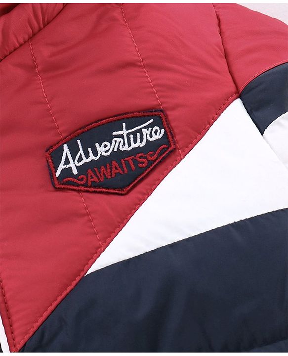 Babyhug Full Sleeves Hooded Padded Jacket Adventure Patch - Red Navy Blue