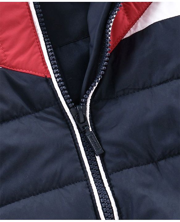 Babyhug Full Sleeves Hooded Padded Jacket Adventure Patch - Red Navy Blue