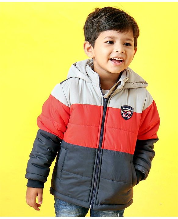 Babyhug Full Sleeves Hooded Padded Jacket - Red Grey