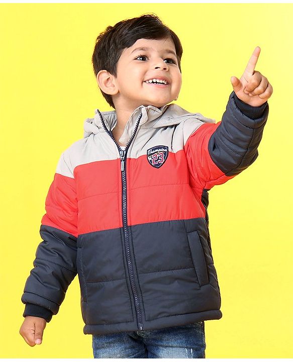 Babyhug Full Sleeves Hooded Padded Jacket - Red Grey