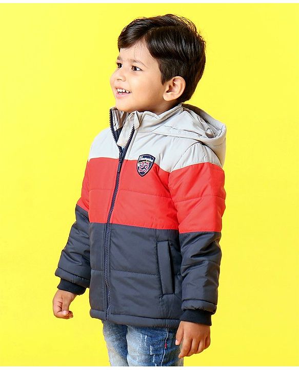 Babyhug Full Sleeves Hooded Padded Jacket - Red Grey
