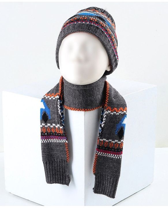 Babyhug Woollen Cap & Muffler Grey - Cap Diameter 10.5 cm
