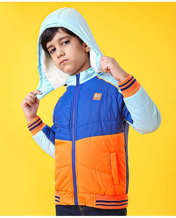 Babyhug Full Sleeves Jacket With Hood - Blue Orange