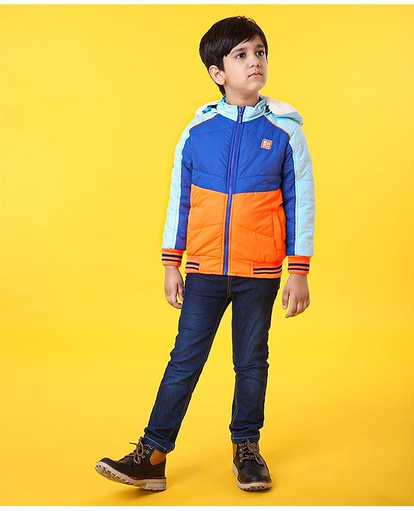 Babyhug Full Sleeves Jacket With Hood - Blue Orange