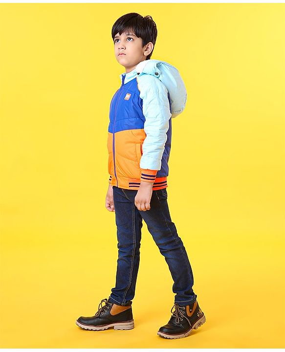 Babyhug Full Sleeves Jacket With Hood - Blue Orange