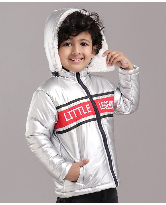 Babyhug Full Sleeves Hooded Metallic Jacket Little Legend Embroidery - Silver
