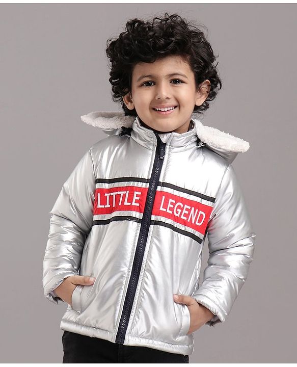 Babyhug Full Sleeves Hooded Metallic Jacket Little Legend Embroidery - Silver