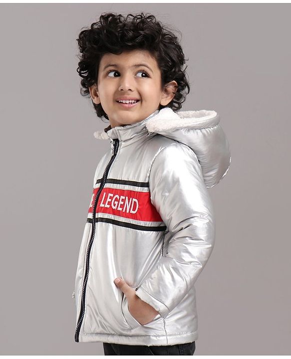 Babyhug Full Sleeves Hooded Metallic Jacket Little Legend Embroidery - Silver