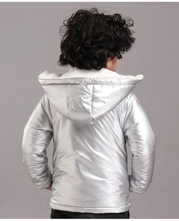 Babyhug Full Sleeves Hooded Metallic Jacket Little Legend Embroidery - Silver