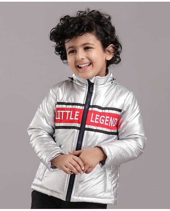 Babyhug Full Sleeves Hooded Metallic Jacket Little Legend Embroidery - Silver