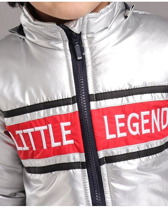 Babyhug Full Sleeves Hooded Metallic Jacket Little Legend Embroidery - Silver