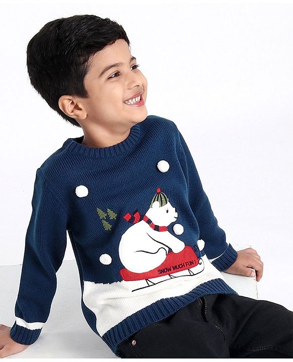 Babyhug Full Sleeves Pullover Sweater Bear Print - Navy