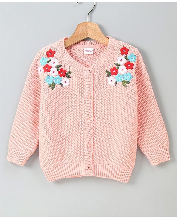 Babyhug Full Sleeves Sweater Floral Embroidery - Peach