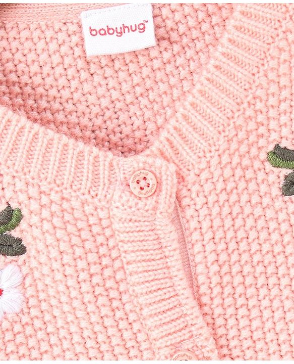 Babyhug Full Sleeves Sweater Floral Embroidery - Peach