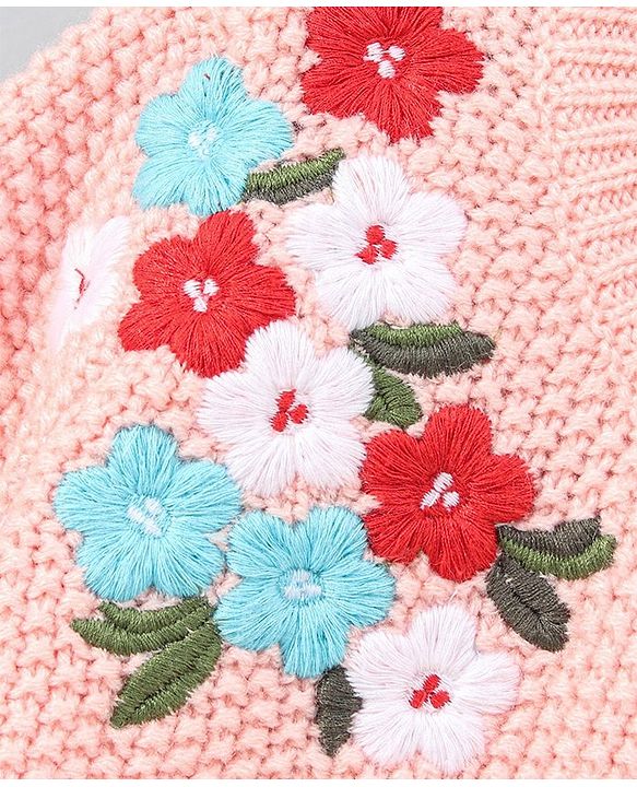 Babyhug Full Sleeves Sweater Floral Embroidery - Peach