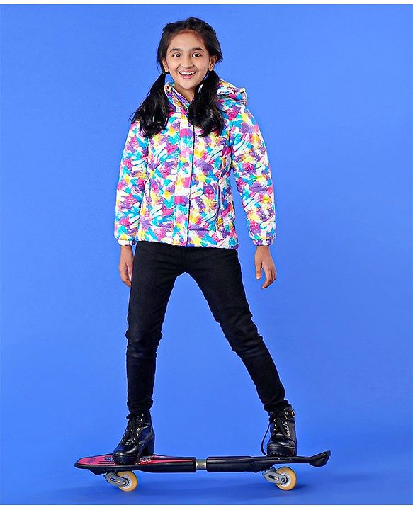 Pine Kids Full Sleeves Polyfill Hooded Jacket Abstract Print - Off White Purple