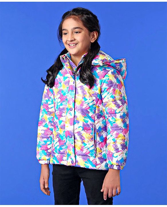 Pine Kids Full Sleeves Polyfill Hooded Jacket Abstract Print - Off White Purple