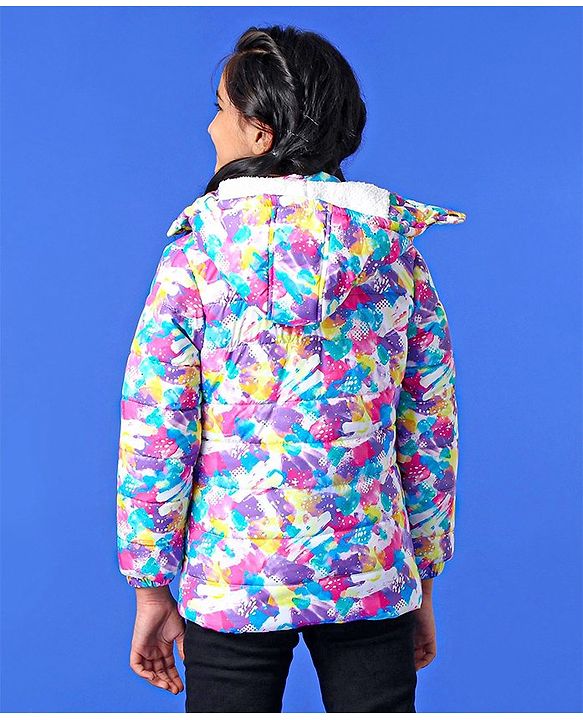Pine Kids Full Sleeves Polyfill Hooded Jacket Abstract Print - Off White Purple