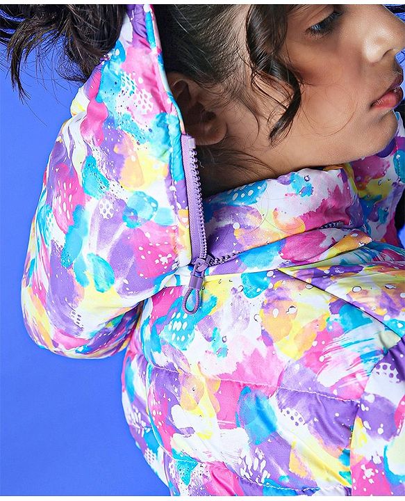 Pine Kids Full Sleeves Polyfill Hooded Jacket Abstract Print - Off White Purple