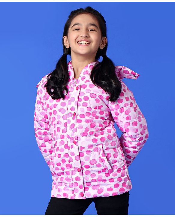 Pine Kids Full Sleeves Polyfill Hooded Jacket Polka Dot Print - Pink