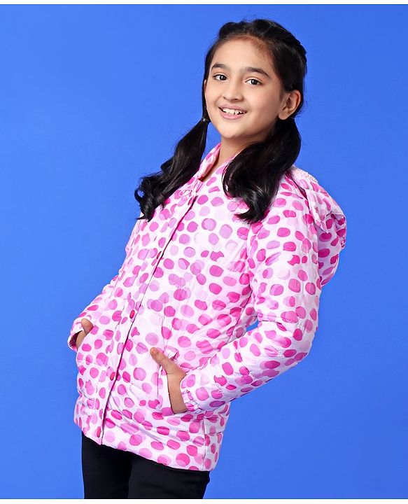 Pine Kids Full Sleeves Polyfill Hooded Jacket Polka Dot Print - Pink
