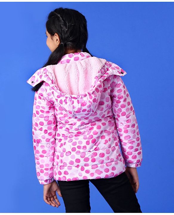 Pine Kids Full Sleeves Polyfill Hooded Jacket Polka Dot Print - Pink