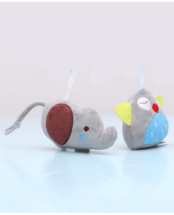 Babyhug Elephant & Owl  Clip On Soft Toys Pack of 2 Grey - Height 6.5 cm
