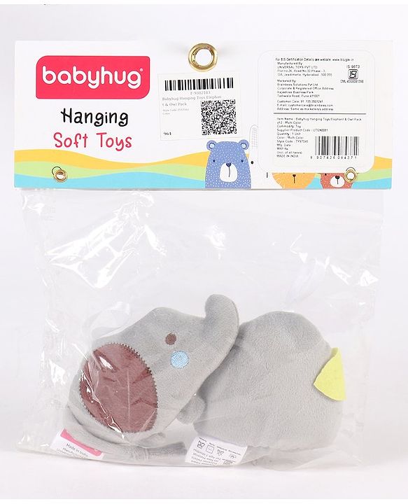 Babyhug Elephant & Owl  Clip On Soft Toys Pack of 2 Grey - Height 6.5 cm