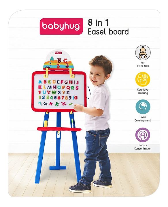 Babyhug 8-in-1 Adjustable Easel Board - Magnetic Whiteborad & Chalkboard with Alpha & Numeric | Hight Adjustable | Educational Toy | Enhances Learning & Creativity | Blue & Red |BIS Certified