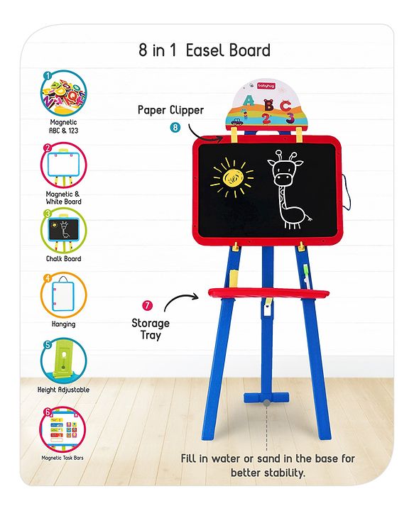 Babyhug 8-in-1 Adjustable Easel Board - Magnetic Whiteborad & Chalkboard with Alpha & Numeric | Hight Adjustable | Educational Toy | Enhances Learning & Creativity | Blue & Red |BIS Certified