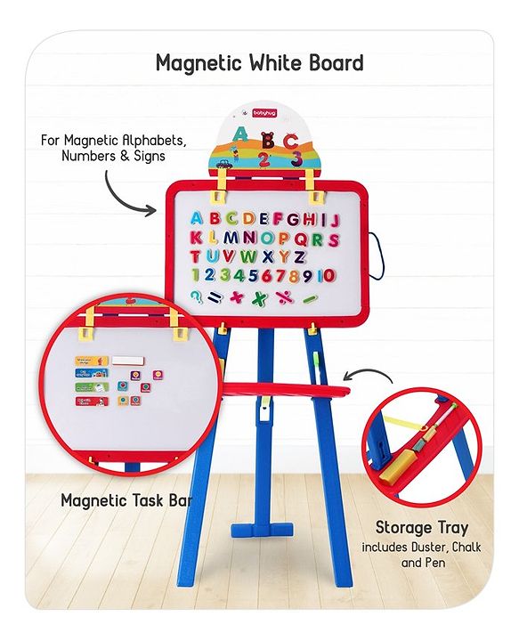Babyhug 8-in-1 Adjustable Easel Board - Magnetic Whiteborad & Chalkboard with Alpha & Numeric | Hight Adjustable | Educational Toy | Enhances Learning & Creativity | Blue & Red |BIS Certified