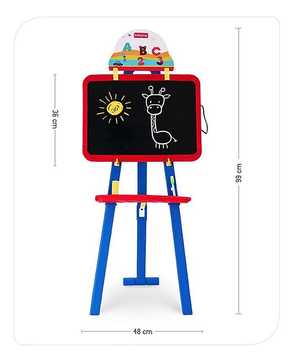 Babyhug 8-in-1 Adjustable Easel Board - Magnetic Whiteborad & Chalkboard with Alpha & Numeric | Hight Adjustable | Educational Toy | Enhances Learning & Creativity | Blue & Red |BIS Certified